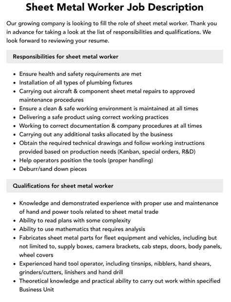 sheet metal fabrication helper job description with competencies|Professional Sheet Metal Worker Job Description Template.